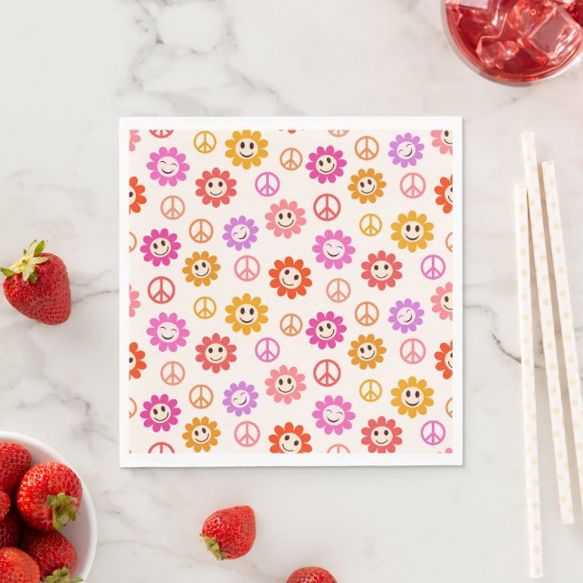 Groovy Smiling Flowers pattern with peace signs  Napkin (Insitu)