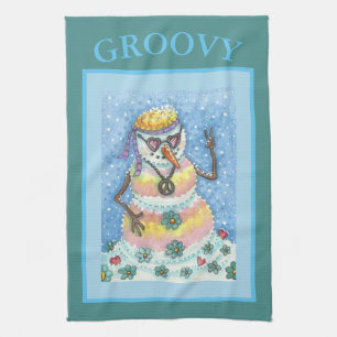 GROOVY SNOWMAN PEACE SIGN, CHRISTMAS KITCHEN TOWEL