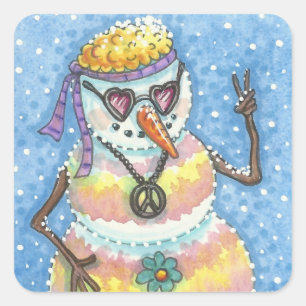 GROOVY SNOWMAN, PEACE SIGN CHRISTMAS STICKERS Squ