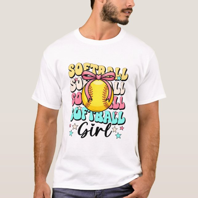 Groovy Softball Girl Girls Coquette Bow Softball W T-Shirt (Front)