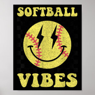 Groovy Softball Vibes Smile Face Girls Women  Poster