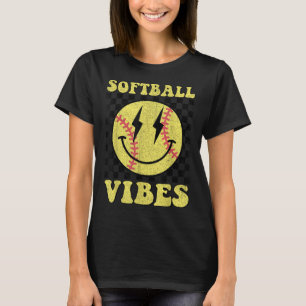 Groovy Softball Vibes Smile Face Girls Women T-Shirt