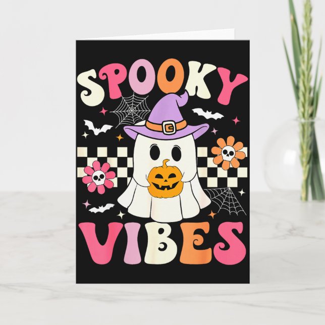 Groovy Soky Vibes Retro Ghost Holding Pumpkin Hall Card (Front)