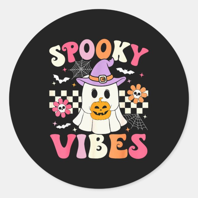 Groovy Soky Vibes Retro Ghost Holding Pumpkin Hall Classic Round Sticker (Front)