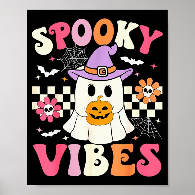 Groovy Soky Vibes Retro Ghost Holding Pumpkin Hall Poster (Front)