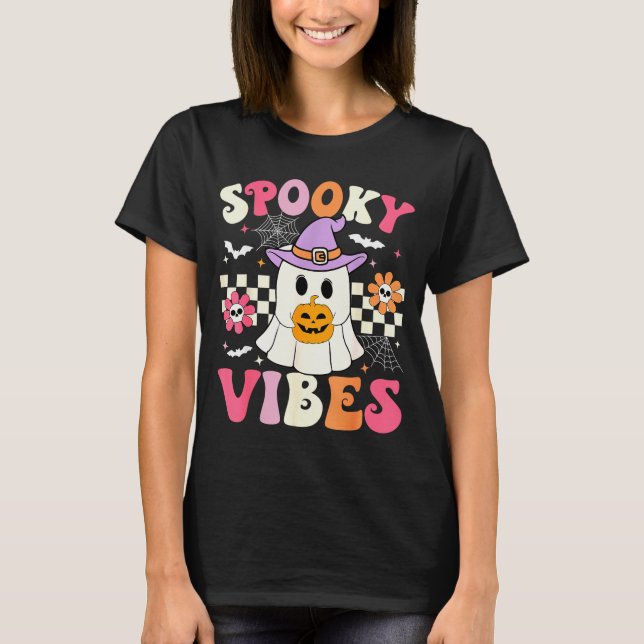 Groovy Soky Vibes Retro Ghost Holding Pumpkin Hall T-Shirt (Front)