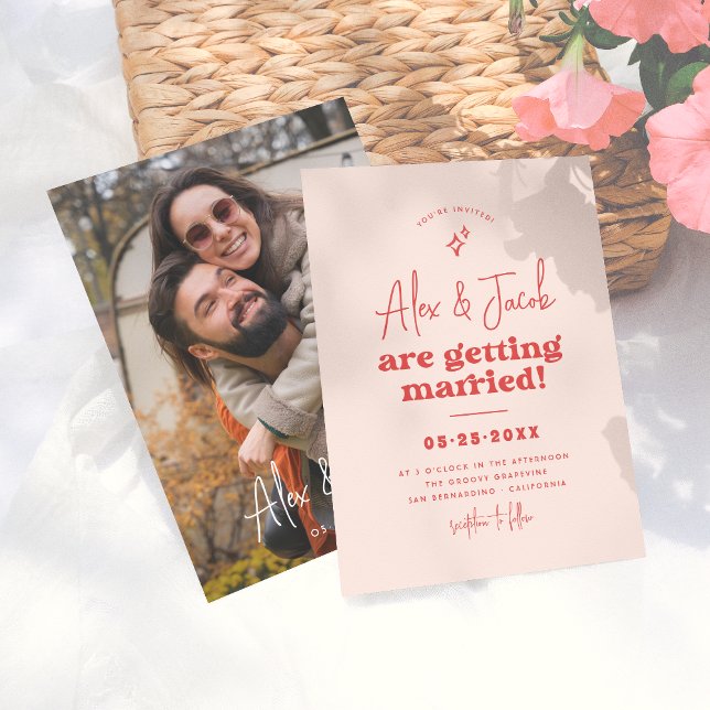 Groovy Sparkle Retro 70s Pink & Red Photo Wedding Invitation (Creator Uploaded)