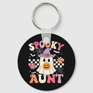 Groovy Spooky Aunt Ghost Holding Pumpkin Halloween Key Ring