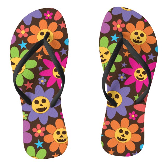 Groovy Spooky Colourful Flowers Halloween  Flip Flops (Footbed)