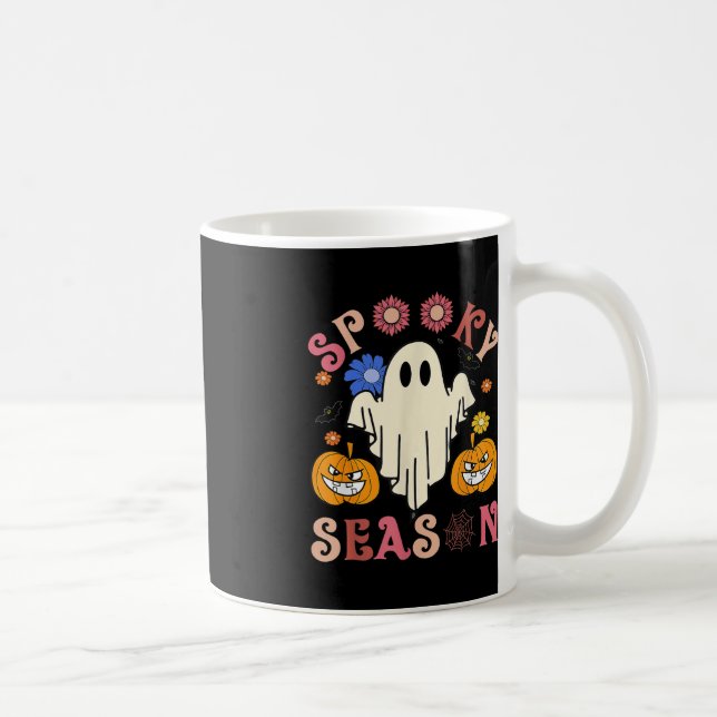 Groovy Spooky Season Cute Ghost Holding Pumpkin Ha Coffee Mug (Right)