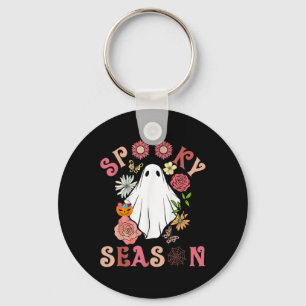Groovy Spooky Season Cute Ghost Holding Pumpkin Ha Key Ring