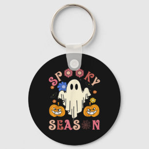Groovy Spooky Season Cute Ghost Holding Pumpkin Ha Key Ring