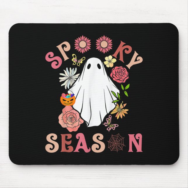 Groovy Spooky Season Cute Ghost Holding Pumpkin Ha Mouse Mat (Front)