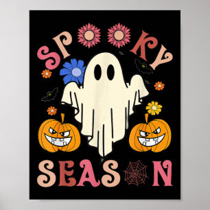 Groovy Spooky Season Cute Ghost Holding Pumpkin Ha Poster