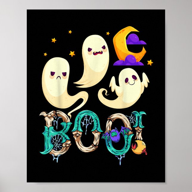 Groovy Spooky Season Cute Ghost Holding Pumpkin Ha Poster (Front)