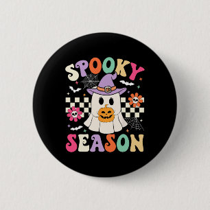 Groovy Spooky Season Retro Ghost Holding Pumpkin H 6 Cm Round Badge
