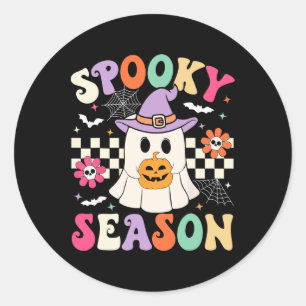Groovy Spooky Season Retro Ghost Holding Pumpkin H Classic Round Sticker