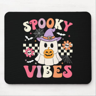 Groovy Spooky Vibes Retro Ghost Holding Pumpkin Ha Mouse Mat