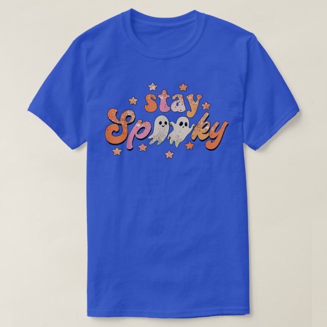 Groovy Stay Spooky Vibes Retro Floral Ghost Funny  T-Shirt (Design Front)