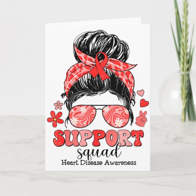 Groovy Support Squad Messy Bun Heart Disease Aware Card (Front)