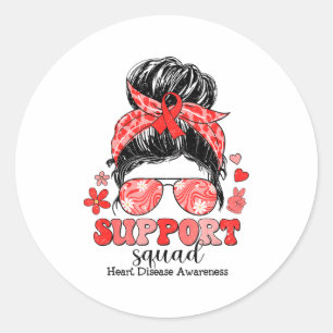 Groovy Support Squad Messy Bun Heart Disease Aware Classic Round Sticker