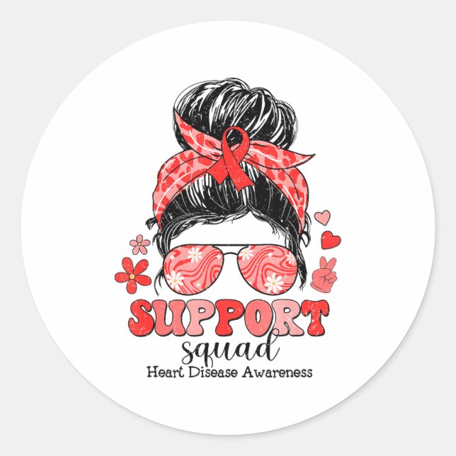 Groovy Support Squad Messy Bun Heart Disease Aware Classic Round Sticker (Front)