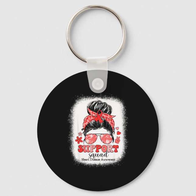 Groovy Support Squad Messy Bun Red Ribbon Heart Di Key Ring (Front)