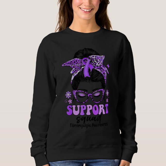 Groovy Support Squad Messy Bun Women Fibromyalgia  Sweatshirt (Front)