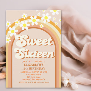 Groovy Sweet Sixteen Retro Rainbow & Daisy Flowe Invitation