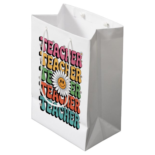 Groovy Teacher Cute Daisy Flower Retro Back School Medium Gift Bag (Front Angled)