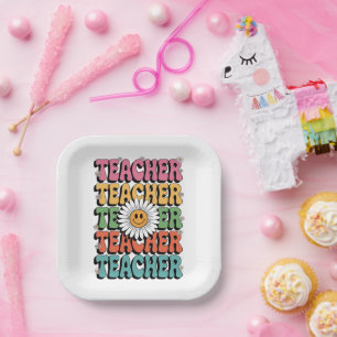 Groovy Teacher Cute Daisy Flower Retro Back School Paper Plate