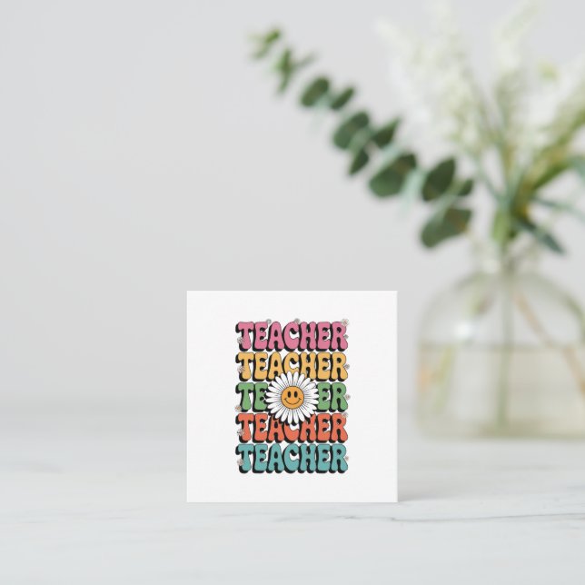 Groovy Teacher Cute Daisy Flower Retro Back School Square Business Card (Standing Front)