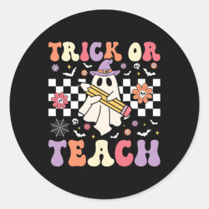 Groovy Teacher Halloween Retro Trick Or Teach Flor Classic Round Sticker