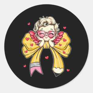 Groovy Teacher Valentine Coquette Bow Pencil Teach Classic Round Sticker