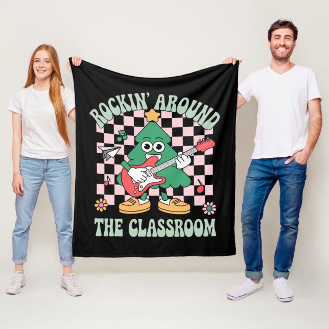 Groovy Teacher Xmas Rockin' Around The Classroom Fleece Blanket (In Situ)
