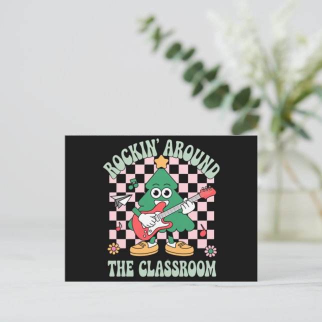 Groovy Teacher Xmas Rockin' Around The Classroom Holiday Postcard (Standing Front)