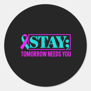 Groovy Teal Purple Ribbon Prevention Awareness Classic Round Sticker