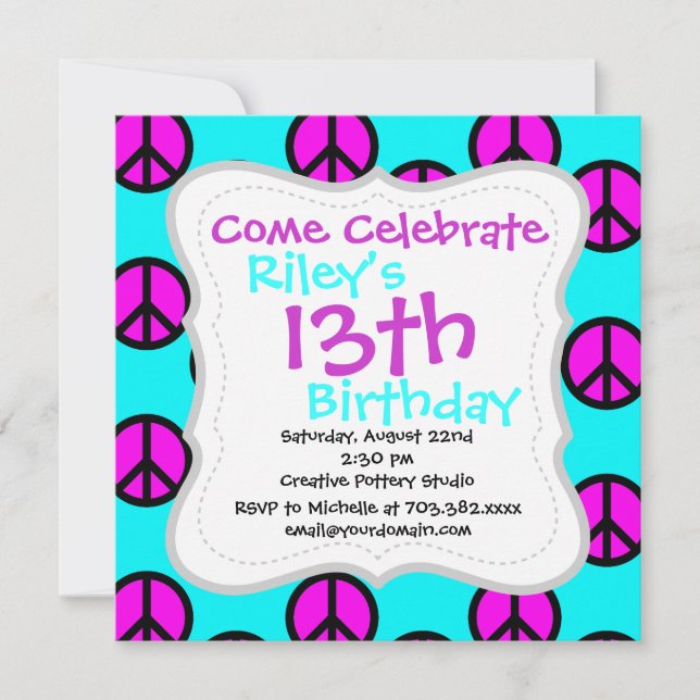 Groovy Teen Hippie Teal and Purple Peace Signs Invitation (Front)