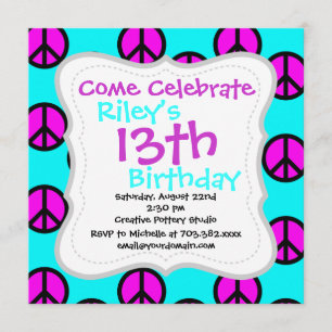 Groovy Teen Hippie Teal and Purple Peace Signs Invitation