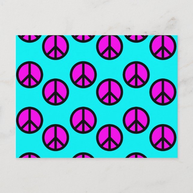 Groovy Teen Hippie Teal and Purple Peace Signs Postcard (Front)