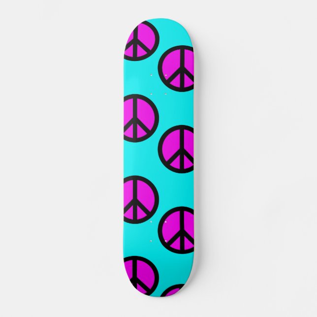 Groovy Teen Hippie Teal and Purple Peace Signs Skateboard (Front)