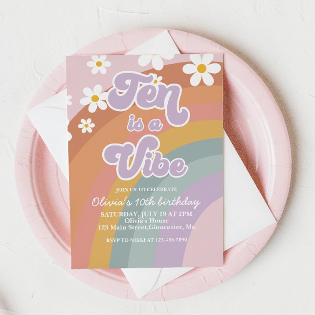 Groovy Ten is a vibe Retro Rainbow 10th Birthday Invitation (Creator Uploaded)