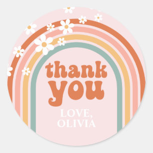 Groovy Thank You daisy boho floral rainbow Favour Classic Round Sticker