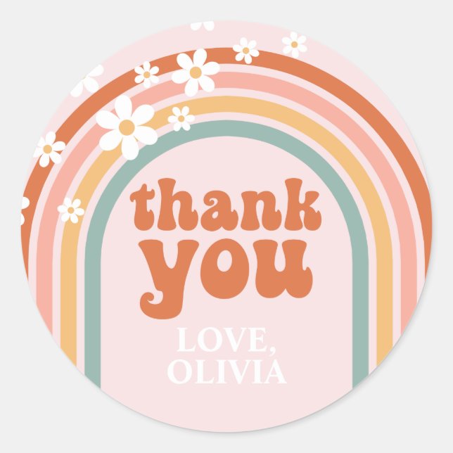 Groovy Thank You daisy boho floral rainbow Favour Classic Round Sticker (Front)