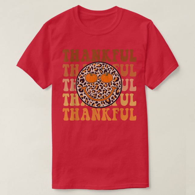 Groovy Thankful Hello Fall Leopard Retro Autumn Th T-Shirt (Design Front)