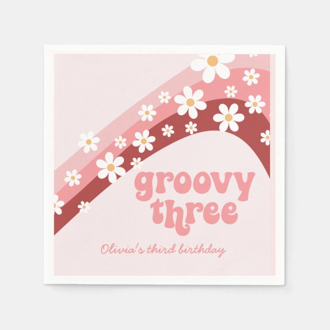 Groovy Three 3rd Birthday Pink Paper Napkin (Front)