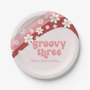 Groovy Three 3rd Birthday Pink Paper Napkin Plate