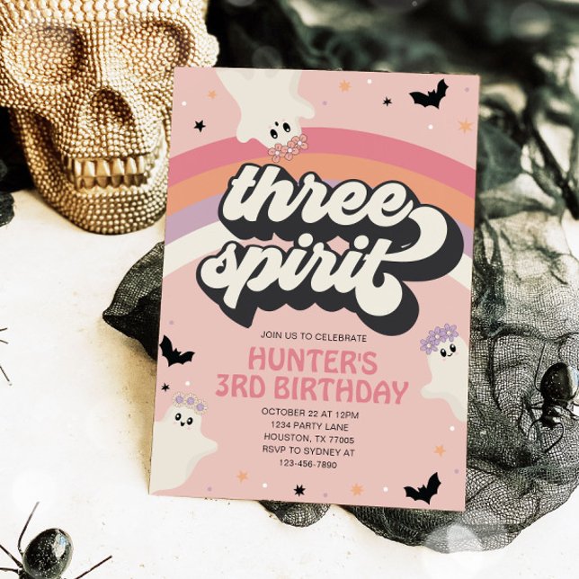 Groovy Three Spirit Girl 3rd Birthday Halloween Invitation (Creator Uploaded)