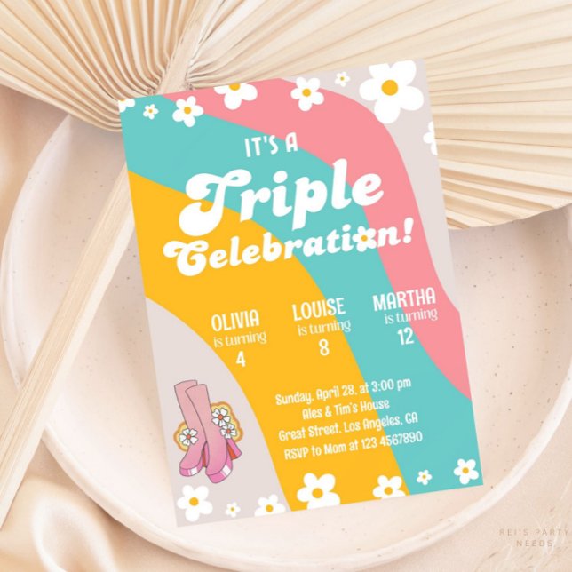 Groovy Triple Birthday Daisy Joint Sibling Party Invitation (Creator Uploaded)