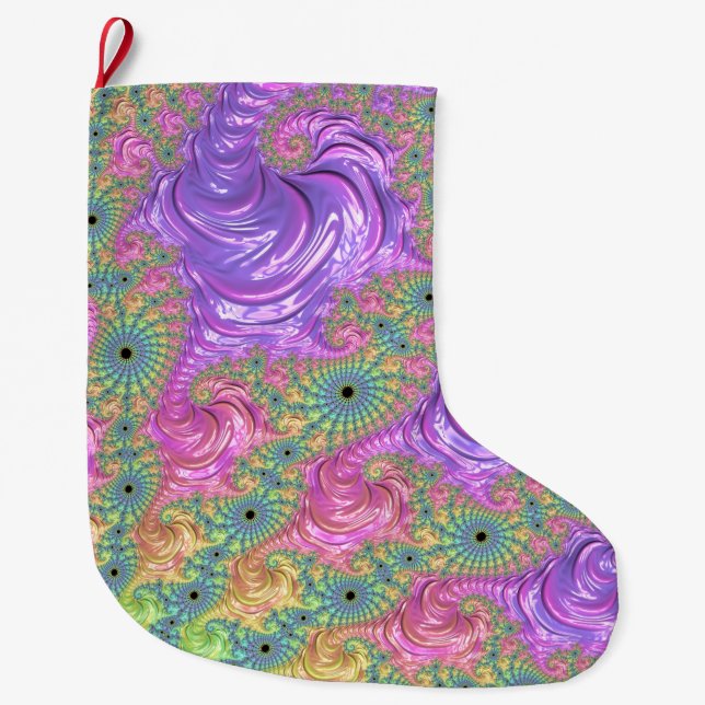 Groovy Trippy Boho Jewel Tone Rainbow Fractal Large Christmas Stocking (Front)